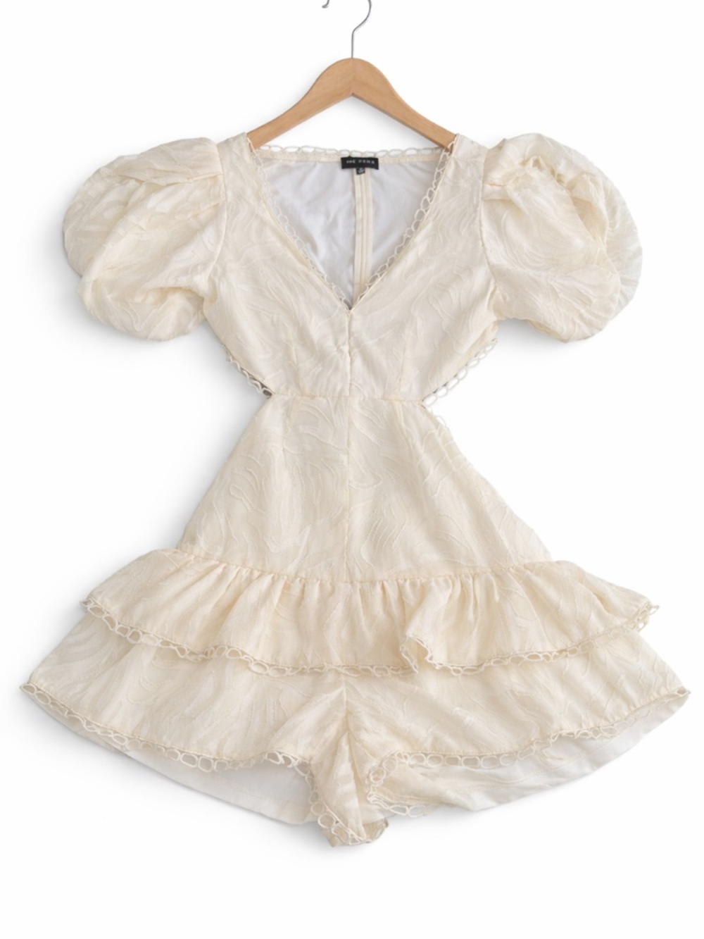 The Sang Cream Romper Dress Puff Sleeve Ruffle Boho Cottagecore M